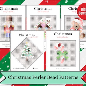 May include: A set of five digital Christmas Perler bead patterns featuring a nutcracker, gingerbread house, teddy bear, Christmas tree, and candy cane. Each design is displayed on a grid for a 29x29 pegboard using 5mm beads with text labels.