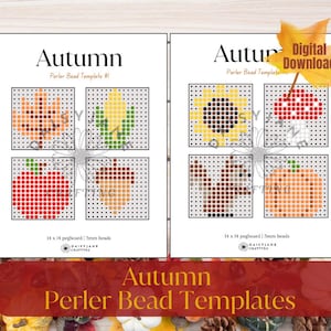 Könnte beinhalten: Zwei weiße Blätter mit Herbst-Perlen-Vorlagen. Die Vorlagen umfassen ein Blatt, Mais, Apfel, Eichel, Sonnenblume, Pilz, Eichhörnchen und Kürbis. Der Text "Autumn Perler Bead Templates" steht unten.