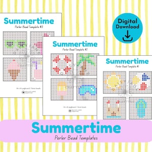 Può includere: Tre modelli stampabili di perline "Summertime" Perler. Ogni modello presenta disegni pixel art di oggetti a tema estivo come occhiali da sole, gelati e un sole. I modelli sono etichettati #1, #2 e #3. Un'icona di download digitale è nell'immagine.
