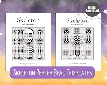 May include: Two white digital download sheets featuring black skeleton Perler bead templates on a grid. Each page displays the text Skeleton Perler Bead Template, 29 x 29 pegboard, and 5mm beads. The designs show a skull, ribcage, and arm bones.