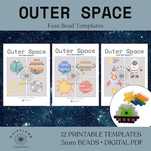 May include: Outer Space Fuse Bead Templates digital PDF featuring 12 printable designs for 5mm beads. Three pages show grid patterns for planets, stars, a rocket, and an astronaut. A circular inset displays finished colorful fuse bead creations.