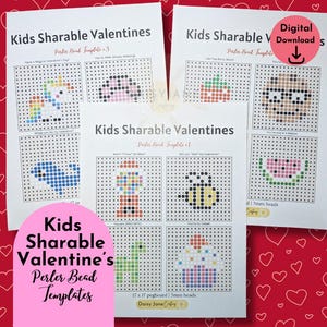 May include: Printable Valentine's Day Perler bead templates for kids. The designs include a unicorn, a bee, a watermelon, a cupcake, a fish, a pumpkin, a monster, and a turtle. The templates are designed for a 17 x 17 pegboard and use 5mm beads.