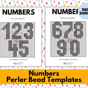 Può includere: Due fogli scaricabili digitalmente con modelli di perline da stirare per i numeri. Il primo foglio mostra i numeri da 1 a 5, il secondo da 6 a 0. Ogni modello è progettato per una base 29x29 con perline da 5mm. Il testo riporta Numbers, Perler Bead Template 1, Perler Bead Template 2 e Digital Download.