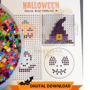 May include: A Halloween perler bead template sheet with the text HALLOWEEN PERLER BEAD TEMPLATE #1 and DIGITAL DOWNLOAD. A clear square pegboard holds a purple witch hat design made of beads, next to a bowl filled with assorted colorful beads.