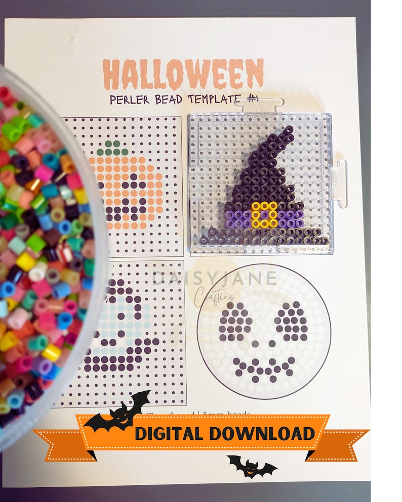 May include: A Halloween perler bead template sheet with the text HALLOWEEN PERLER BEAD TEMPLATE #1 and DIGITAL DOWNLOAD. A clear square pegboard holds a purple witch hat design made of beads, next to a bowl filled with assorted colorful beads.