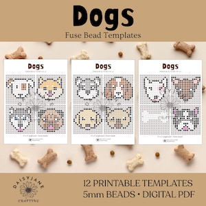 May include: A set of three printable fuse bead templates featuring dog face designs. Each page displays four distinct canine patterns created with a grid of colored dots. The text reads Dogs Fuse Bead Templates and 12 Printable Templates 5mm Beads Digital PDF.