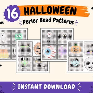 May include: A digital collection of 16 Halloween Perler bead patterns featuring pixelated designs of ghosts, pumpkins, bats, a witch hat, a black cat, and a cauldron. The graphic includes the text 16 HALLOWEEN Perler Bead Patterns and INSTANT DOWNLOAD.