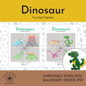 May include: A digital PDF set of 8 printable fuse bead templates featuring dinosaur designs. The pages display grid patterns for creating pixelated dinosaurs and a volcano, with a finished green dinosaur example shown in a circular inset.
