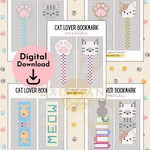 May include: A collection of Perler bead bookmark templates with cat-themed designs. The bookmarks feature various cat faces, paw prints, and the word "MEOW". The text "CAT LOVER BOOKMARK" is displayed at the top of each template. A digital download is available.