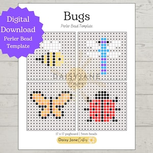 Bug Perler Bead, Hama Bead, Fuse Bead Template | Printable Templates | Digital Download Butterfly, Bee, Ladybug, Dragonfly
