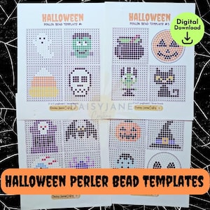 Może przedstawiać: Drukowalne szablony koralików Perler na Halloween z duchem, dynią, czaszką, czarownicą i innymi przerażającymi wzorami. Szablony są oznaczone jako "Halloween Perler Bead Template #3" i "Halloween Perler Bead Templates".