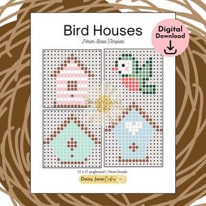 May include: A digital download Perler bead template titled Bird Houses featuring four designs including two birdhouses, a bird, and a house shape. The page includes text, a 17 x 17 pegboard specification, and 5mm bead size information for crafting.