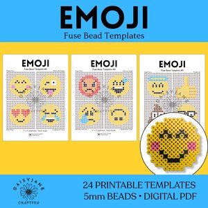 May include: A digital PDF set of 24 Emoji Fuse Bead Templates for 5mm beads. The image displays three pages of grid patterns featuring various emoji faces, including happy, angry, and laughing expressions, alongside a finished yellow bead emoji.