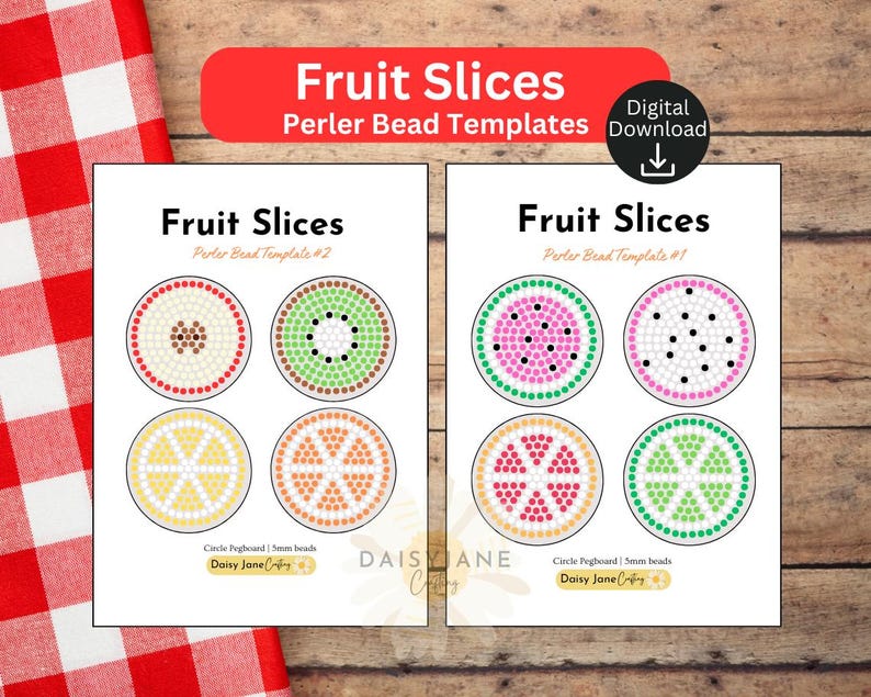 May include: Two printable templates for Perler bead fruit slice designs. The templates include watermelon, kiwi, orange, lemon, and other fruit slices. The text on the image says "Fruit Slices" and "Digital Download".