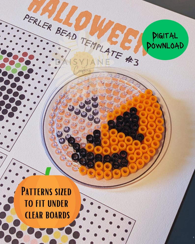 May include: A Halloween perler bead template #3 digital download featuring a clear circular pegboard with orange and black beads arranged in a pumpkin face pattern. The paper includes the text Halloween, Perler Bead Template #3, and Patterns sized to fit under clear boards.