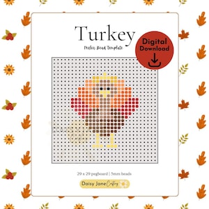 May include: A printable bead template for a turkey design. The template is for a 29 x 29 pegboard and uses 5mm beads. The turkey is brown, orange, yellow, and red.