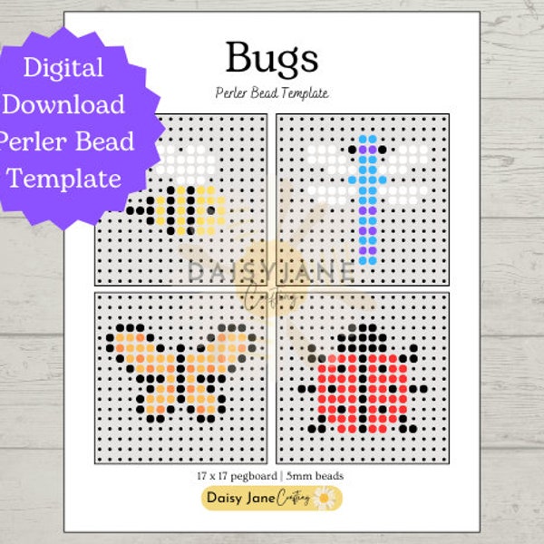 Bug Perler Bead, Hama Bead, Fuse Bead Template | Printable Templates | Digital Download Butterfly, Bee, Ladybug, Dragonfly