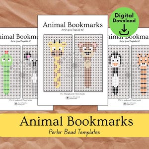 Puede incluir: Tres plantillas imprimibles para marcapáginas de animales, con una serpiente, un koala, una jirafa, un ratón, un pingüino y un tigre. Los diseños están hechos con cuentas Perler. El texto dice "Animal Bookmarks Perler Bead Templates". Un círculo verde dice "Digital Download".