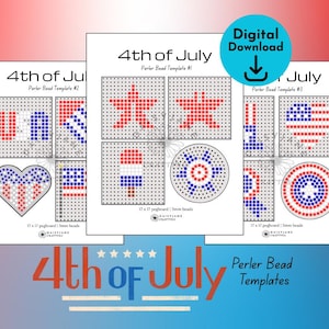 Puede incluir: Descarga digital de plantillas de cuentas Perler para el 4 de julio. Las plantillas incluyen diseños de una estrella, una bandera estadounidense, un corazón y un helado, todos en rojo, blanco y azul. También se ve el texto "4th of July".