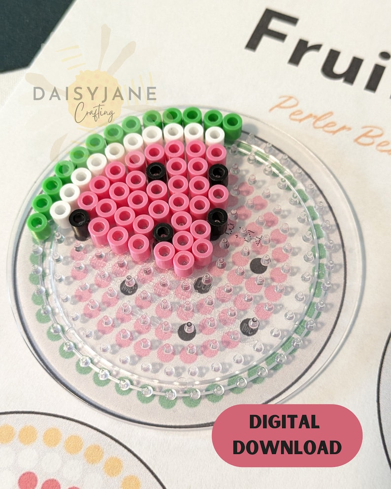 May include: A watermelon design made with Perler beads on a clear pegboard. The watermelon features pink, white, green, and black beads, arranged in a circular shape. The words "DIGITAL DOWNLOAD" are on a pink oval. The image also includes the text "Fruit" and "Perler Beads".