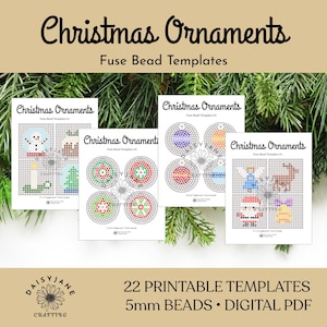 May include: Four white paper sheets featuring Christmas Ornaments Fuse Bead Templates with grid designs for a snowman, candle, tree, reindeer, Santa, and bell. The text reads Christmas Ornaments, 22 Printable Templates, 5mm Beads, Digital PDF.