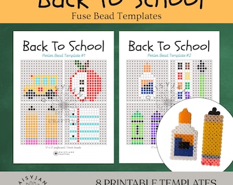 May include: Two printable Back To School fuse bead templates featuring designs of a school bus, apple, pencils, notebook, glue, and crayons. The templates are for 17x17 pegboards using 5mm beads. A circular inset shows finished glue and pencil bead art.