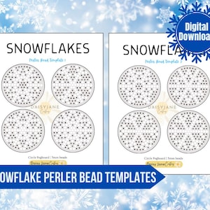 Puede incluir: Dos hojas imprimibles de patrones de copos de nieve para crear manualidades con cuentas Perler. Cada hoja tiene cuatro patrones circulares con puntos negros y blancos que representan la colocación de las cuentas. El texto en las hojas dice "Snowflakes Perler Bead Template 1" y "Snowflakes Perler Bead Template 2". El texto en la parte inferior de las hojas dice "Circle Pegboard | 5mm beads" y "Daisy Jane Crafts". El texto en la parte inferior de la imagen dice "Snowflake Perler Bead Templates".