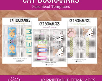 May include: Three printable fuse bead templates for cat bookmarks. Each page features grid designs for creating cat-themed patterns with 5mm beads on a 17x34 pegboard. The text reads CAT BOOKMARKS Fuse Bead Templates and DaisyJane Crafting.