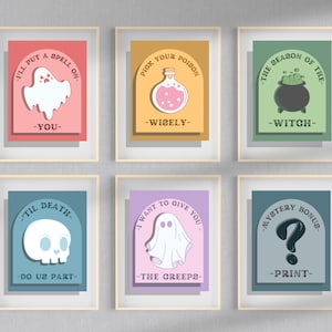 Pastel Halloween Print Set of 5, DIGITAL DOWNLOAD, Halloween Printable Wall Art, BONUS Print, Witchy Wall Decor, Pastel Halloween Prints