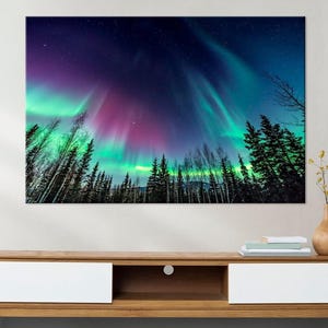 Aurora Borealis Forest Canvas Wall Art – Northern Lights Night Sky Print