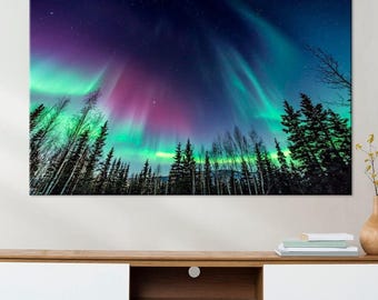 Aurora Borealis Forest Canvas Wall Art – Northern Lights Night Sky Print