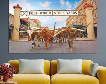 Texas Longhorn Canvas Print: Fort Worth Stockyards, Rustic Farmhouse Decor
