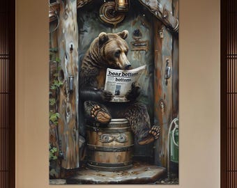 Funny Brown Bear Canvas Print, Reading Newspaper Toilet Art