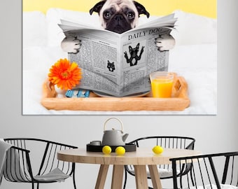 Funny Pug Dog Reading Newspaper Canvas Wall Art (Ready to Hang)