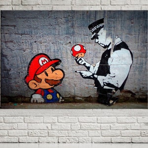 Mario Graffiti printable canvas wall art prints Mario and Cop print Modern Banksy art canvas print Street art Urban wall art