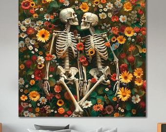 Skeleton Love Couple Canvas Print: Floral Wall Art, Ready to Hang Living Room Decor