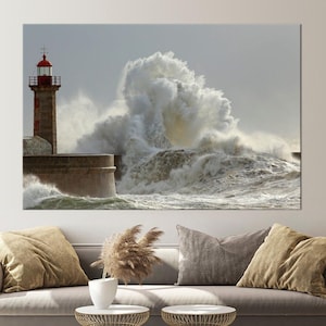 Lighthouse canvas wall art prints Ocean Wave wall art Stormy Sea Landscape print Nature wall art Seascape art Storm wall art