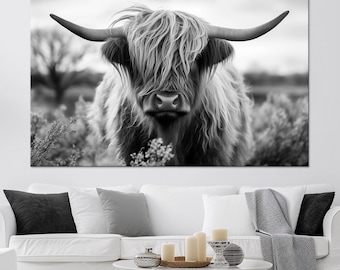 Highland Cow Canvas Print: Farmhouse Scottish Decor, Black and White