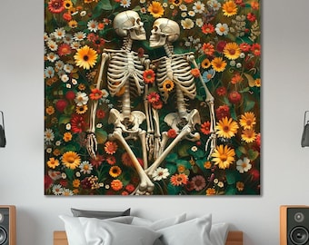 Skeleton Love Couple Canvas Print: Floral Wall Art, Ready to Hang Living Room Decor