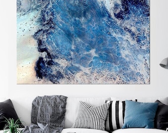 Navy Blue Gold Marble Canvas Print: Abstract Fluid Alcohol Ink Wall Art