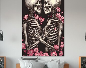 Skeleton Lovers Kissing Canvas Print: Abstract Couple Wall Art, Ready to Hang