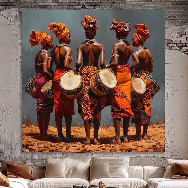 Vibrant African Woman Drumming Canvas Print: Ethnic Home Decor Wall Art