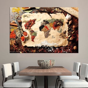 Carte d'herbes, d'épices, d'impressions d'art mural sur toile, carte du monde de cuisine, art mural de salle à manger, grande toile d'art mural pour restaurant moderne