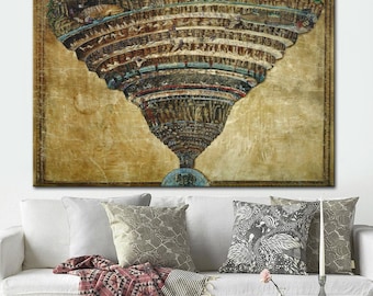 May include: A large, framed artwork depicting a detailed, multi-tiered illustration of a conical structure. The artwork features a warm, aged color palette with shades of brown, beige, and hints of blue and green. The piece is mounted above a white sofa.