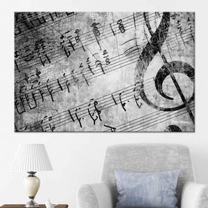 Lienzo impreso en blanco y negro con clave de sol: Arte mural con partituras musicales para amantes de la música.