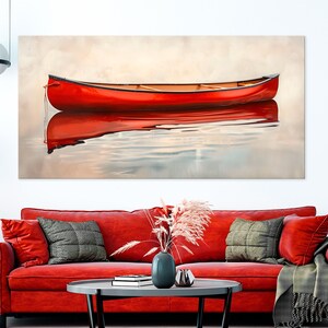 Red Canoe printable canvas wall art prints Calm Water print Kayaking wall art Lake House decor Framed ready to hang Multi panel wall art