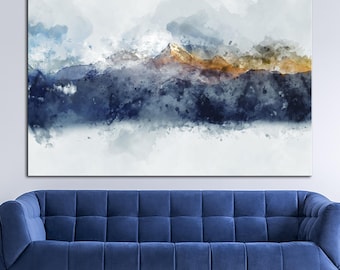 Abstract Mountain Watercolor Canvas Print, Blue Wall Art