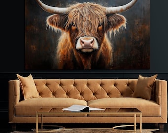 Brown Cow Calf printable canvas wall art prints Highland Cow baby animals art print Nature art Shaggy bull Trendy Farmhouse Large wall art