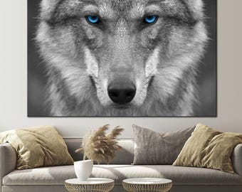 Blue Eyes Gray Wolf Canvas Wall Art, Wildlife Decor