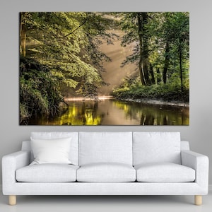 Forest wall art canvas Forest Tree art prints Forest River painting Nature wall art Living room Sun Forest prints Extra Large wall art